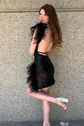 Black Homecoming Dress V-Neck Tight Short Prom Dress with Feathers